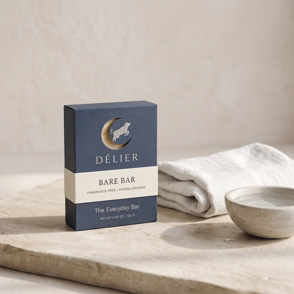 Bare Bar soap box on a stone slab with a linen towel