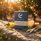 Golden Grove soap box in an orange grove with rosemary and lemongrass
