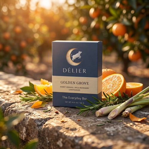 Golden Grove soap box in an orange grove with rosemary and lemongrass