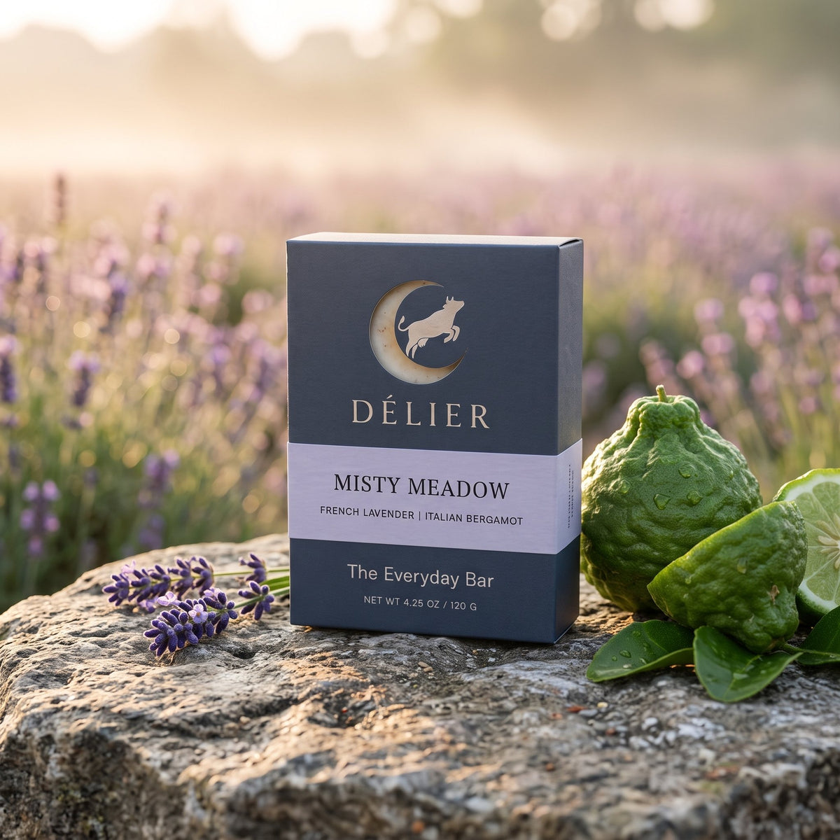 Misty Meadow soap box in a lavender field with bergamot
