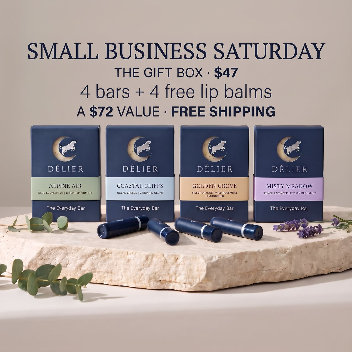 The Gift Box: 4 bars and 4 free lip balms, a $72 value for $47, free shipping